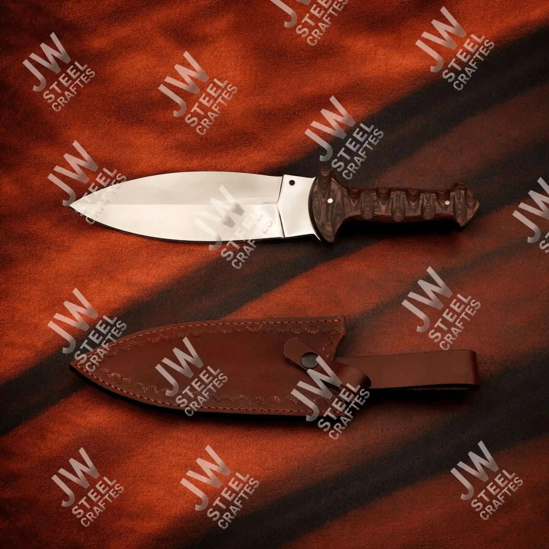 Handcrafted J2 Stainless Steel Boot Knife | Pakka Wood Handle | Leather Sheath | 13.5" Hunting Blade by JW SteelCrafts, leather knife sheath detail photo 16