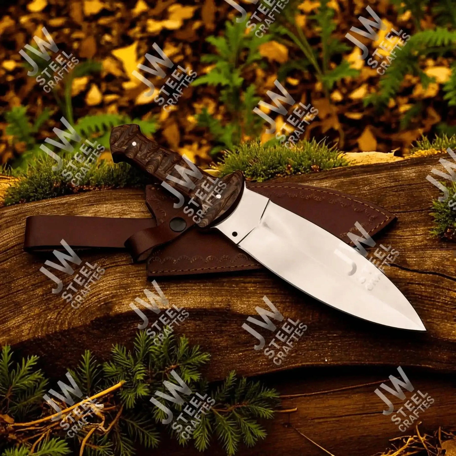 Handcrafted J2 Stainless Steel Boot Knife | Pakka Wood Handle | Leather Sheath | 13.5" Hunting Blade by JW SteelCrafts, leather knife sheath detail photo 18