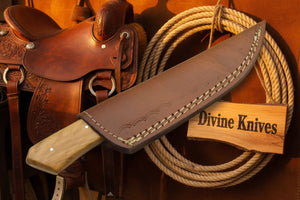 Tan and Red Wood Two-Tone Damascus Fixed Blade Knife for Camp Use detail view by Divine Knives