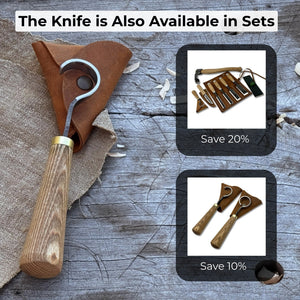 Spoon Carving Hook Knife, ⌀3 cm (1.2 inches) with Leather Case detail view by Sharky Forged Steel Tools