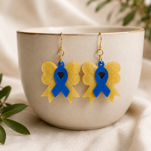 Blue Yellow Ribbon Bow Earrings, Down Syndrome Awareness Jewelry by Poor Hog Customs, handmade jewelry detail photo 3