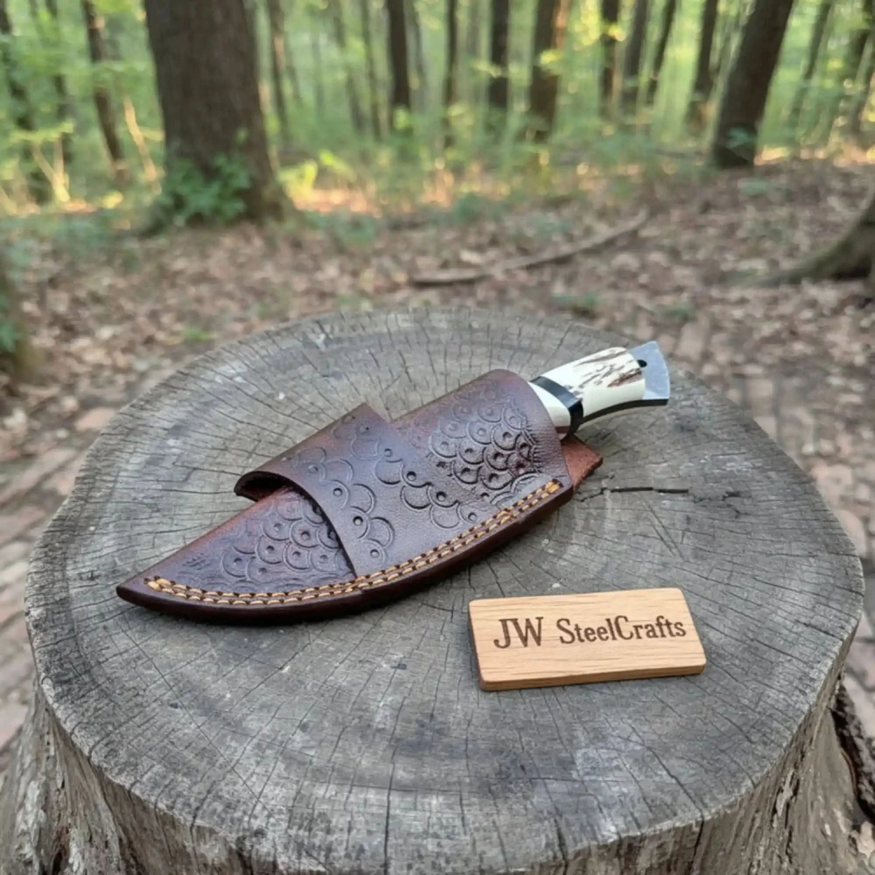 Handmade Damascus Drop Point Skinner Knife with Synthetic Stag Handle by JW SteelCrafts, Damascus knife detail photo 2