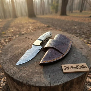 Handmade Damascus Drop Point Skinner Knife with Synthetic Stag Handle by JW SteelCrafts, Damascus knife detail photo 3