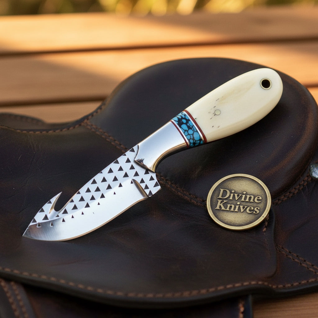 Turquoise & Bone Rasp Gut Hook Knife with product detail, view 3