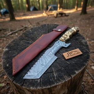 12.5" Full Tang Damascus Blade Hunting Knife Ram's Horn Leather Sheath by JW SteelCrafts, leather knife sheath detail photo 2