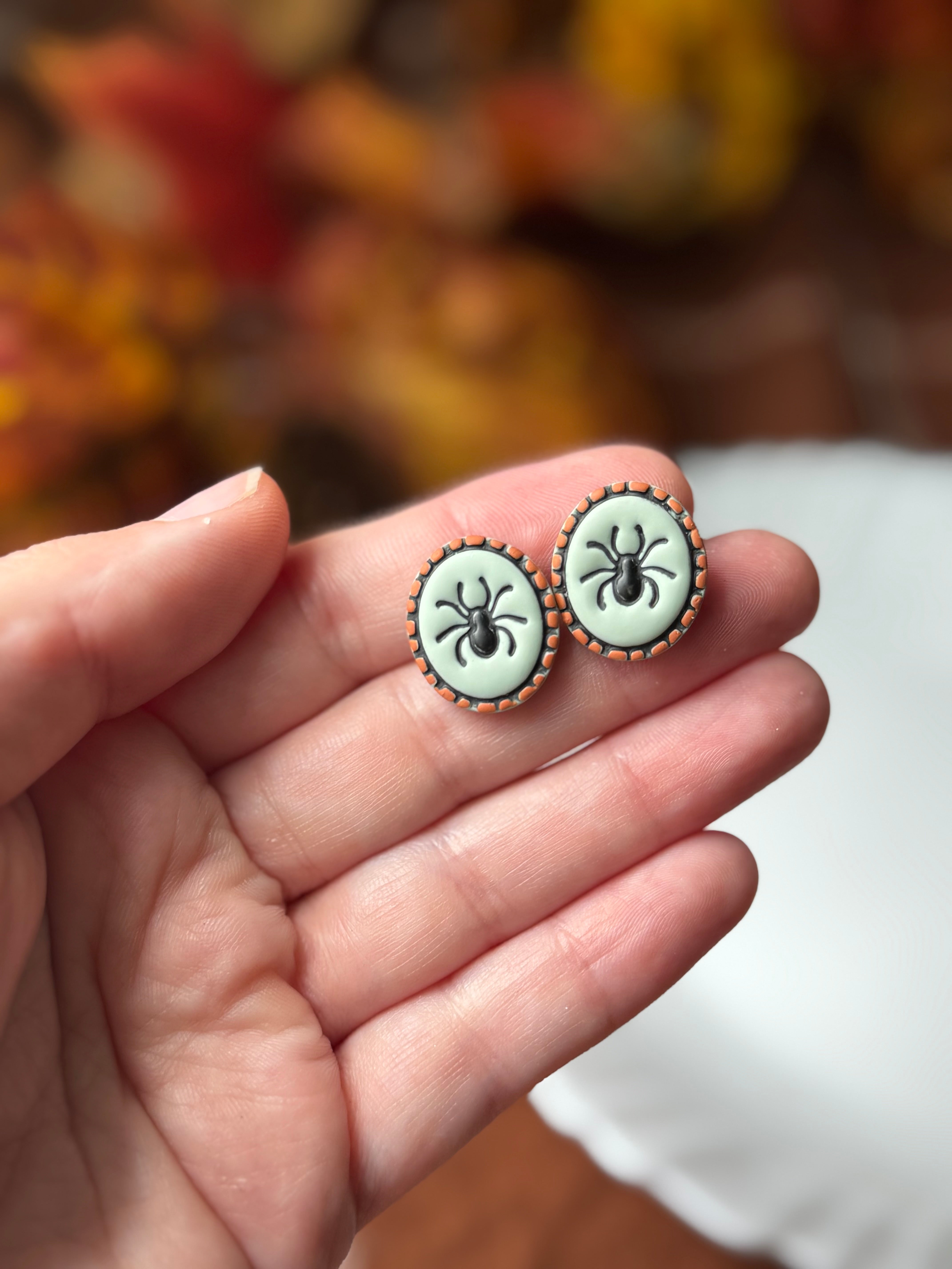 Sage Spider Studs handmade polymer clay earrings by Shop Something Earthy — view 1 of 2
