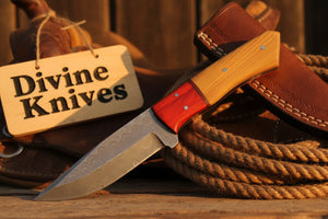 Tan and Red Wood Two-Tone Damascus Fixed Blade Knife for Camp Use by Divine Knives