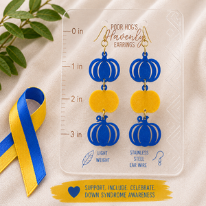 Blue Yellow Pumpkin Earrings, Down Syndrome Awareness Jewelry by Poor Hog Customs, handmade jewelry detail photo 5