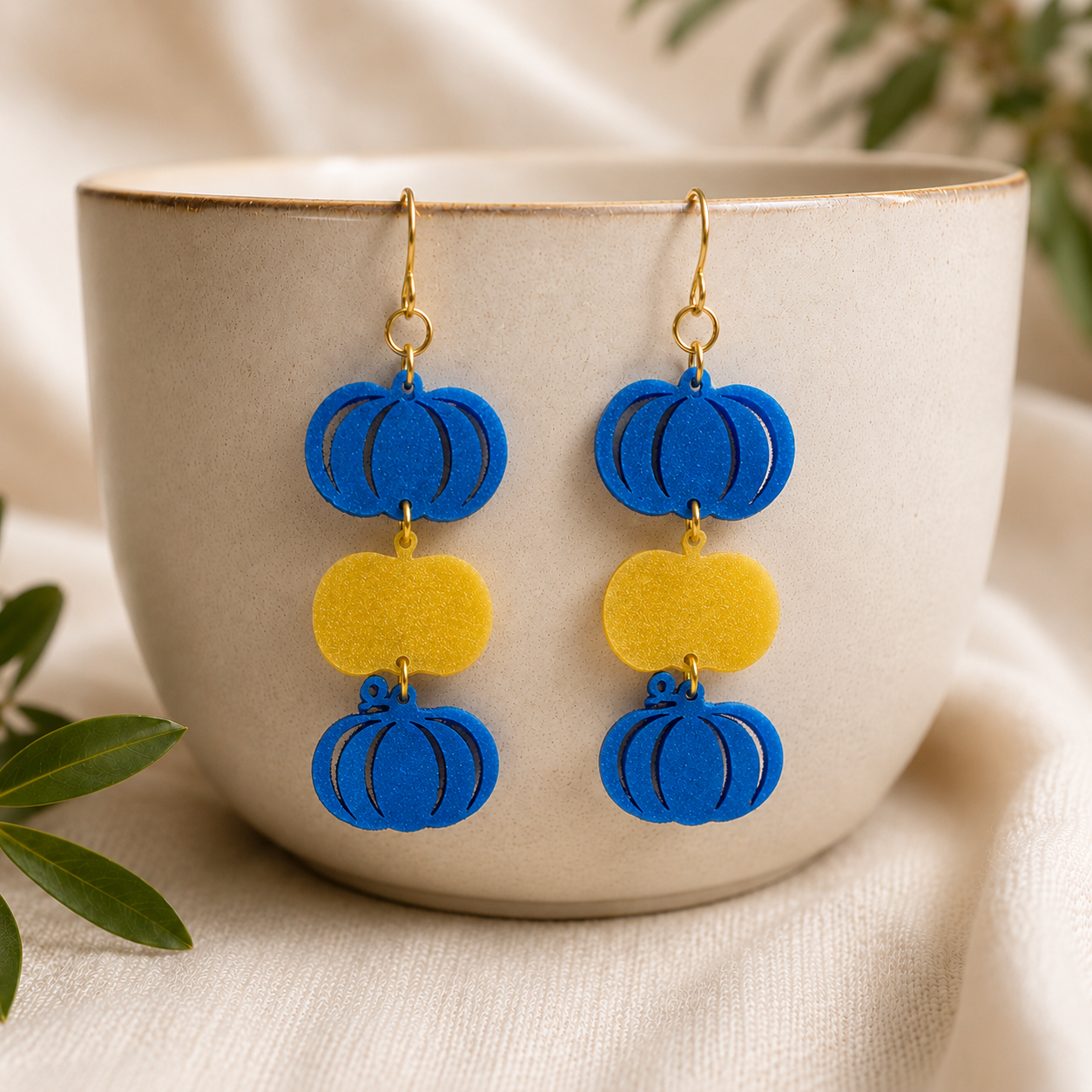 Blue Yellow Pumpkin Earrings, Down Syndrome Awareness Jewelry by Poor Hog Customs, handmade jewelry detail photo 3