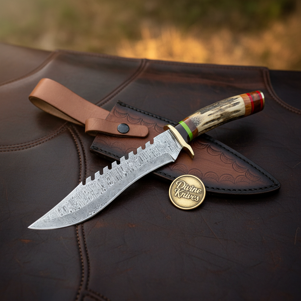 Serrated Spine Bowie Knife with Stag Antler Handle and Hand Forged Layered Blade