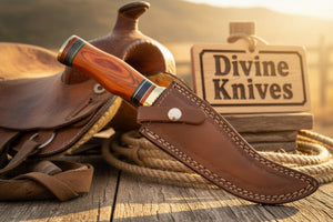 Colorful Spacer Ring Damascus Knife with Natural Tan Wood Handle detail view by Divine Knives