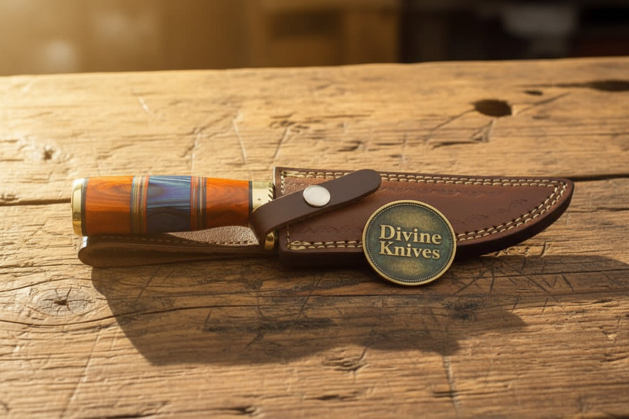 Multi Color Wood Damascus Knife with Brass Bolster Detailing detail view by Divine Knives