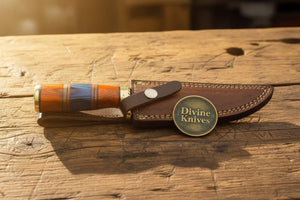 Multi Color Wood Damascus Knife with Brass Bolster Detailing detail view by Divine Knives