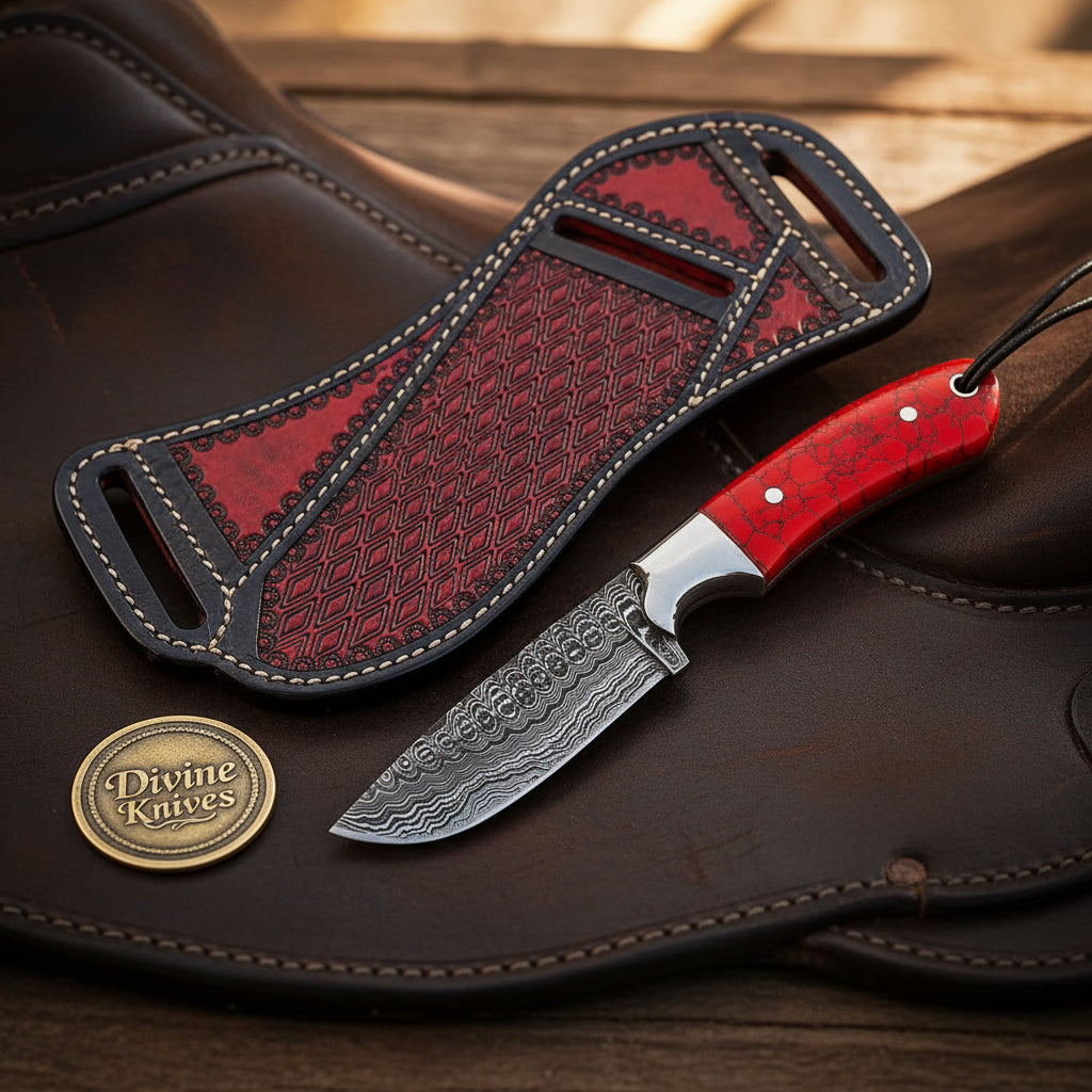 Red Coral Resin Drop Point Hunter Knife for Field Dressing and Camp Use