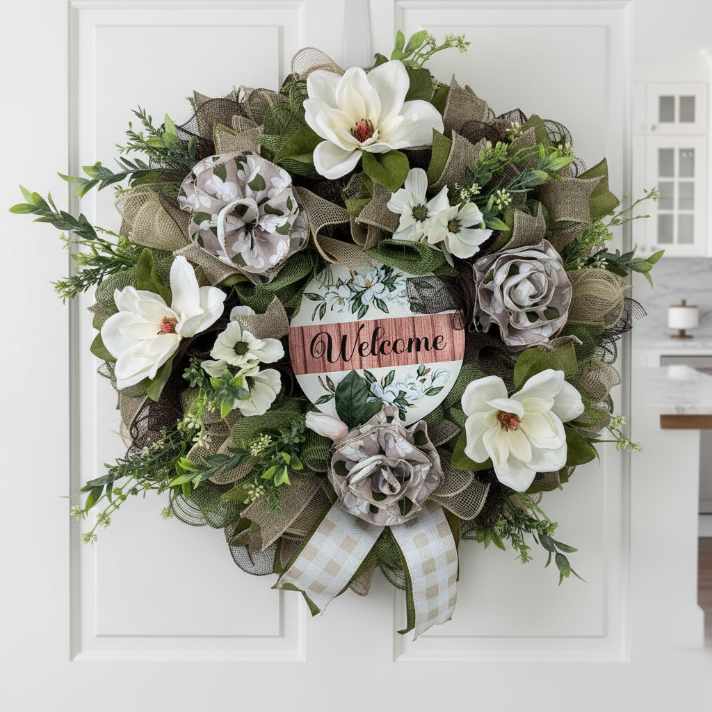 Everyday| Farmhouse Welcome Wreath| Cream Flowers, Burlap Mesh, Greenery by Bouge Creations