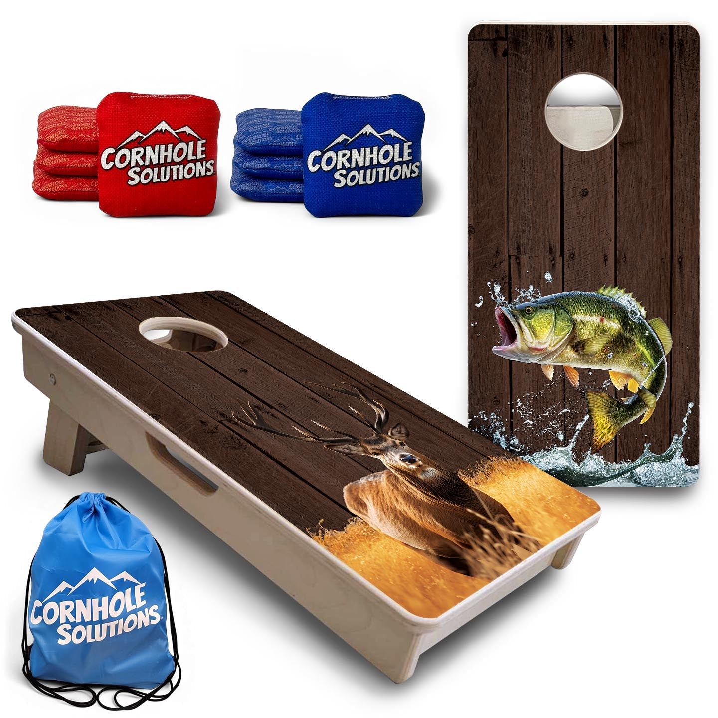 Colorful Deer & Fish Barnwood - Mini or Vacation Size Cornhole Boards by Cornhole Solutions, custom cornhole board main product photo