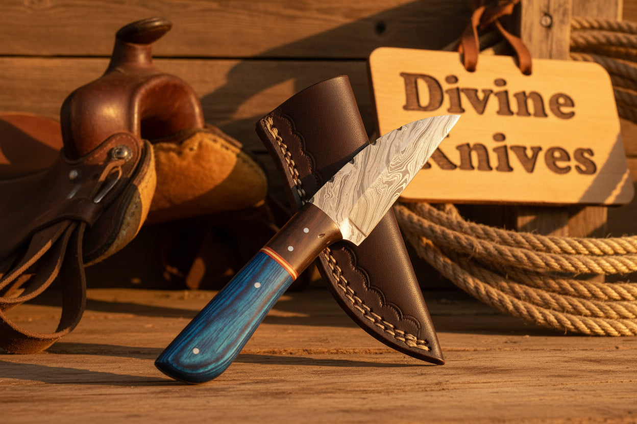 Blue Pakka Wood Damascus Knife with Contrasting Dark Wood Spacer detail view by Divine Knives
