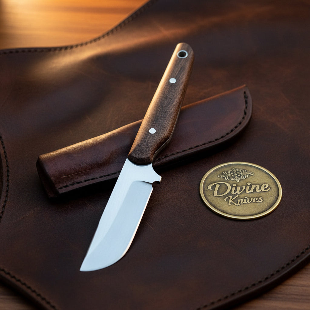 Buffalo Micarta Skinner Knife with Curved Fixed Blade and Leather Sheath by Divine Knives
