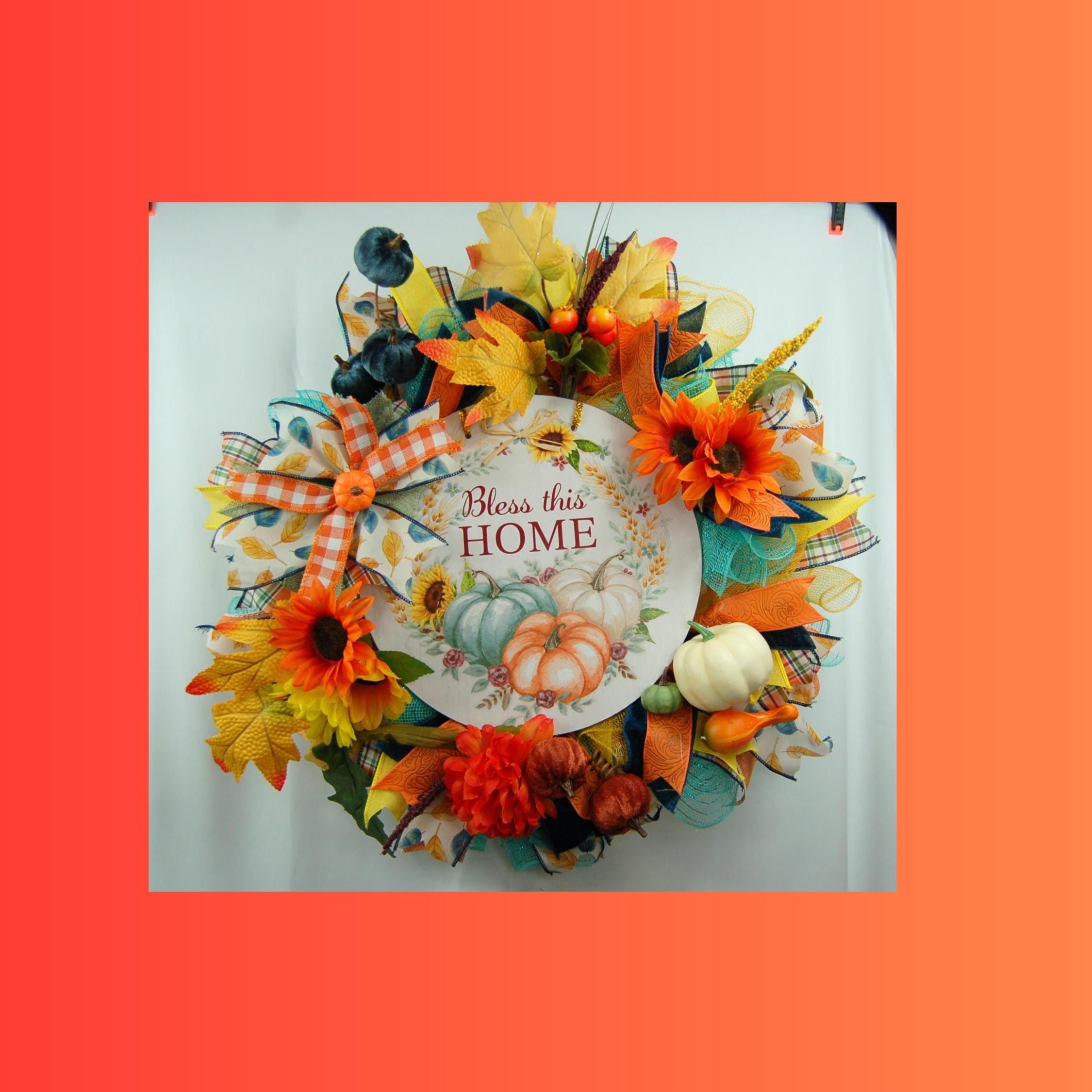 Bless This Home Fall Wreath | Sunflowers & Pumpkins by Bouge Creations, view 3
