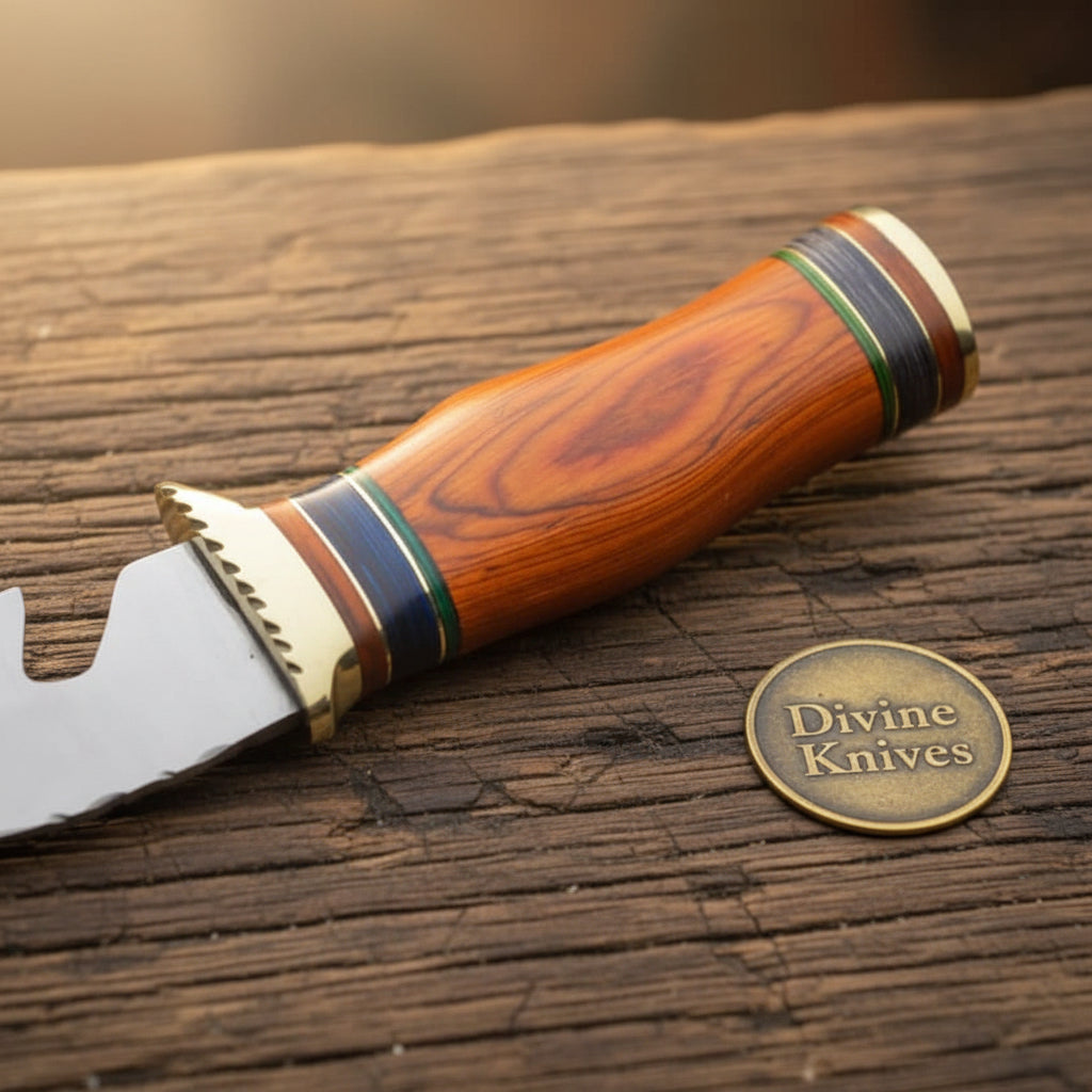 Colorful Spacer Ring Damascus Knife with Natural Tan Wood Handle detail view by Divine Knives