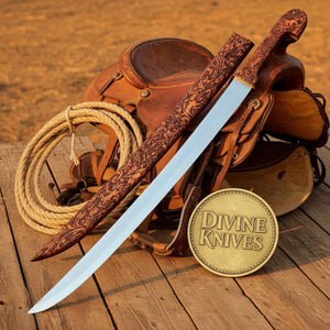 Bone Handle Damascus Knife with Handcrafted Tooled Sheath detail view by Divine Knives