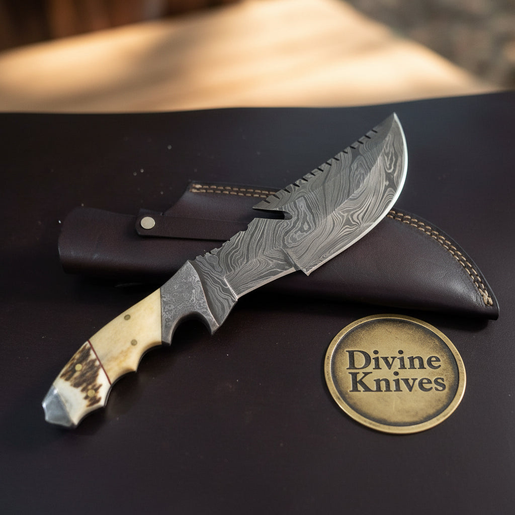 Antler & Camel Bone Damascus Bushcraft Tracker with Scalloped Spine