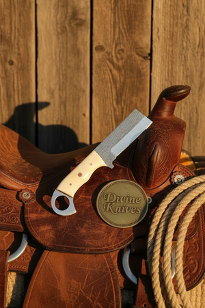 Rasp Steel Bone Bull Cutter with File Texture and Ring Handle detail view by Divine Knives
