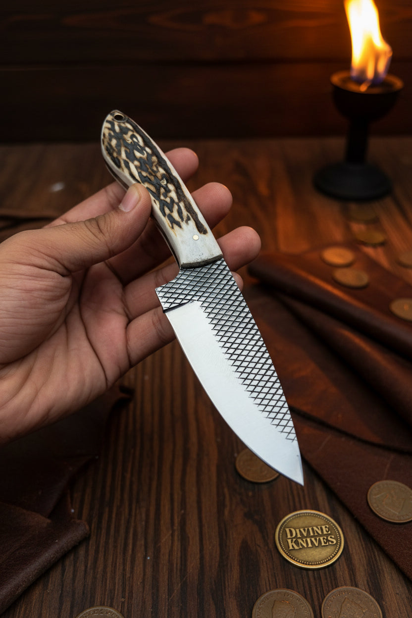 Stag Horn Rasp Skinner Knife with Included Tooled Sheath detail view by Divine Knives
