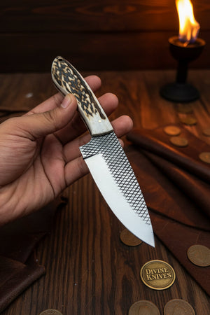 Stag Horn Rasp Skinner Knife with Included Tooled Sheath detail view by Divine Knives