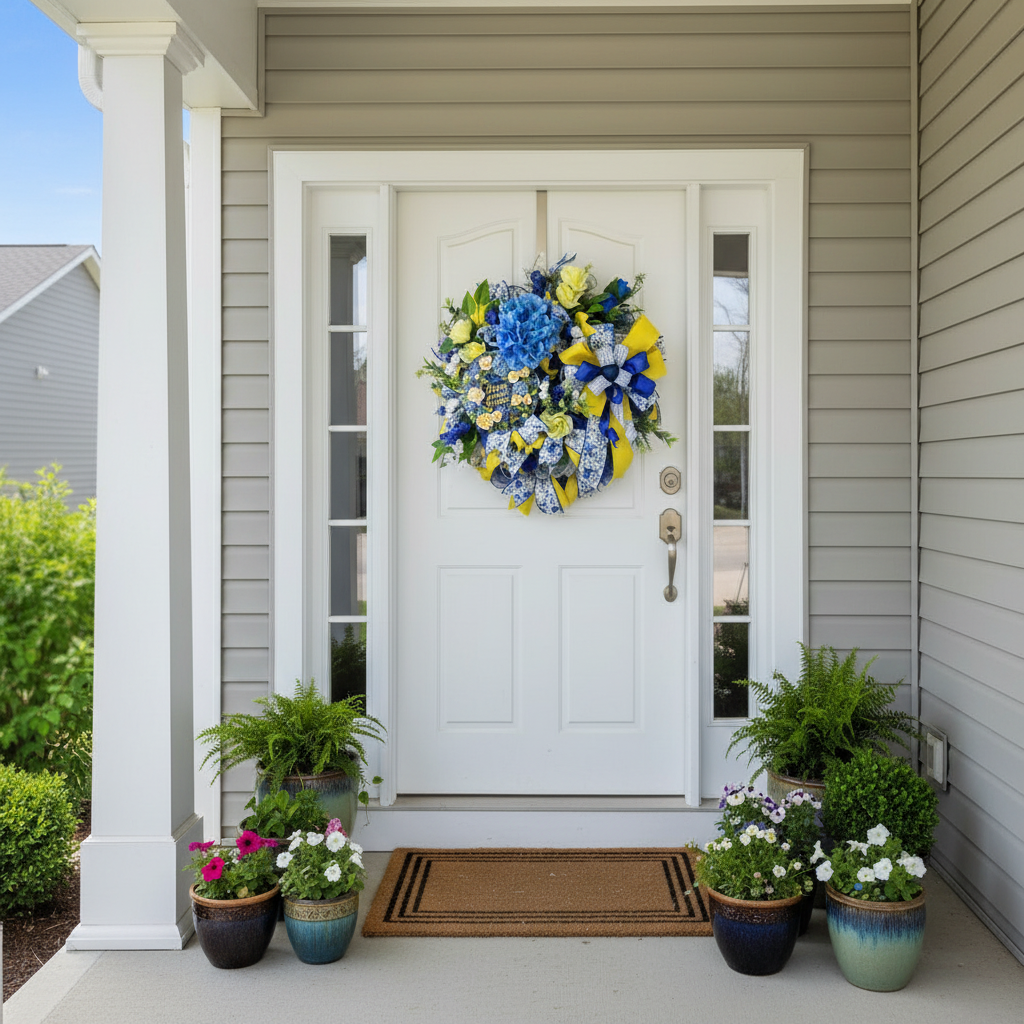 Everyday Wreath| Blue & Yellow Floral Wreath | Spring Summer Door Décor detail view by Bouge Creations