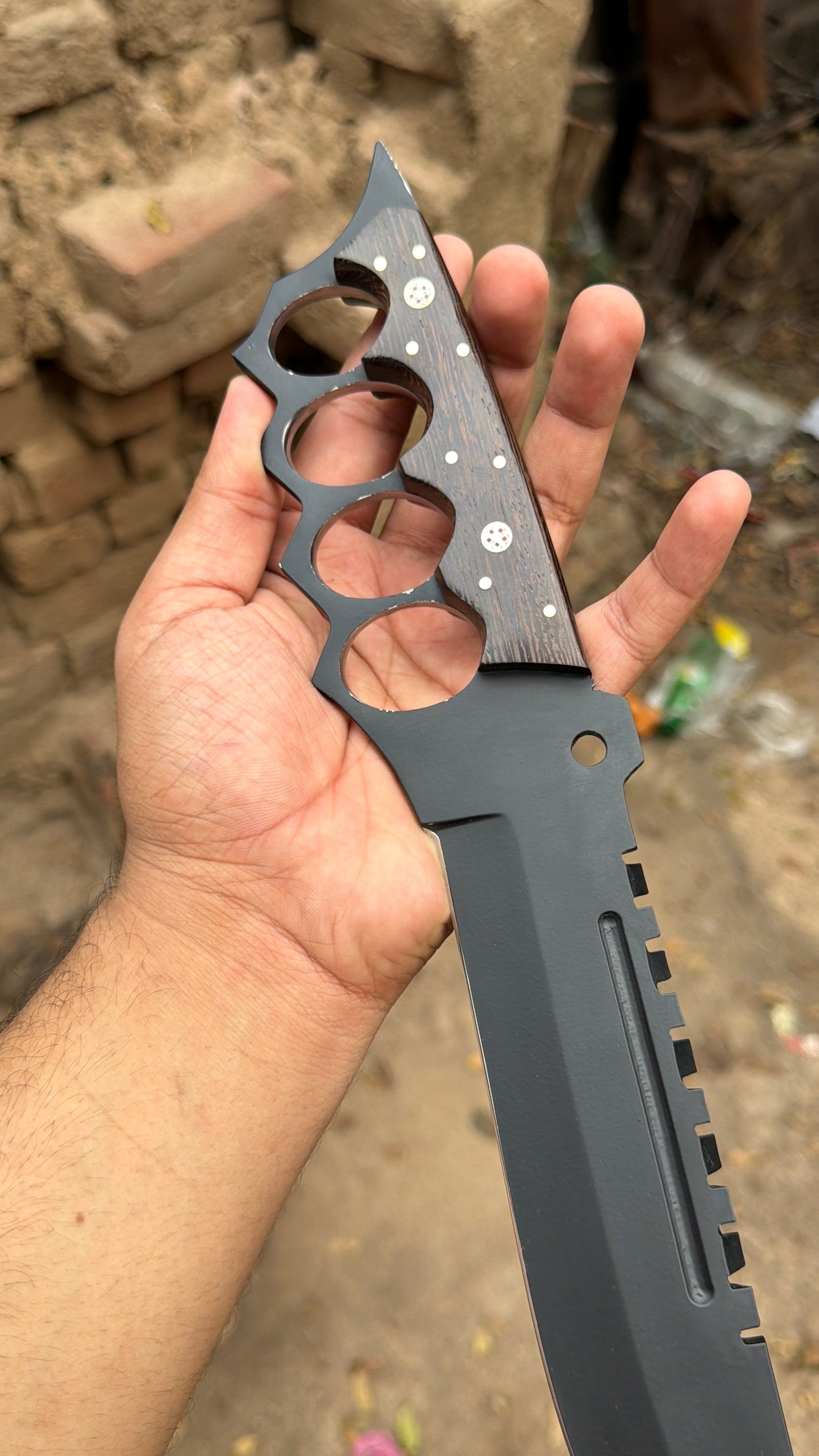 Knuckle Handle Tactical Knife Acid Etched Drop Point Fixed Blade detail view by JW SteelCrafts