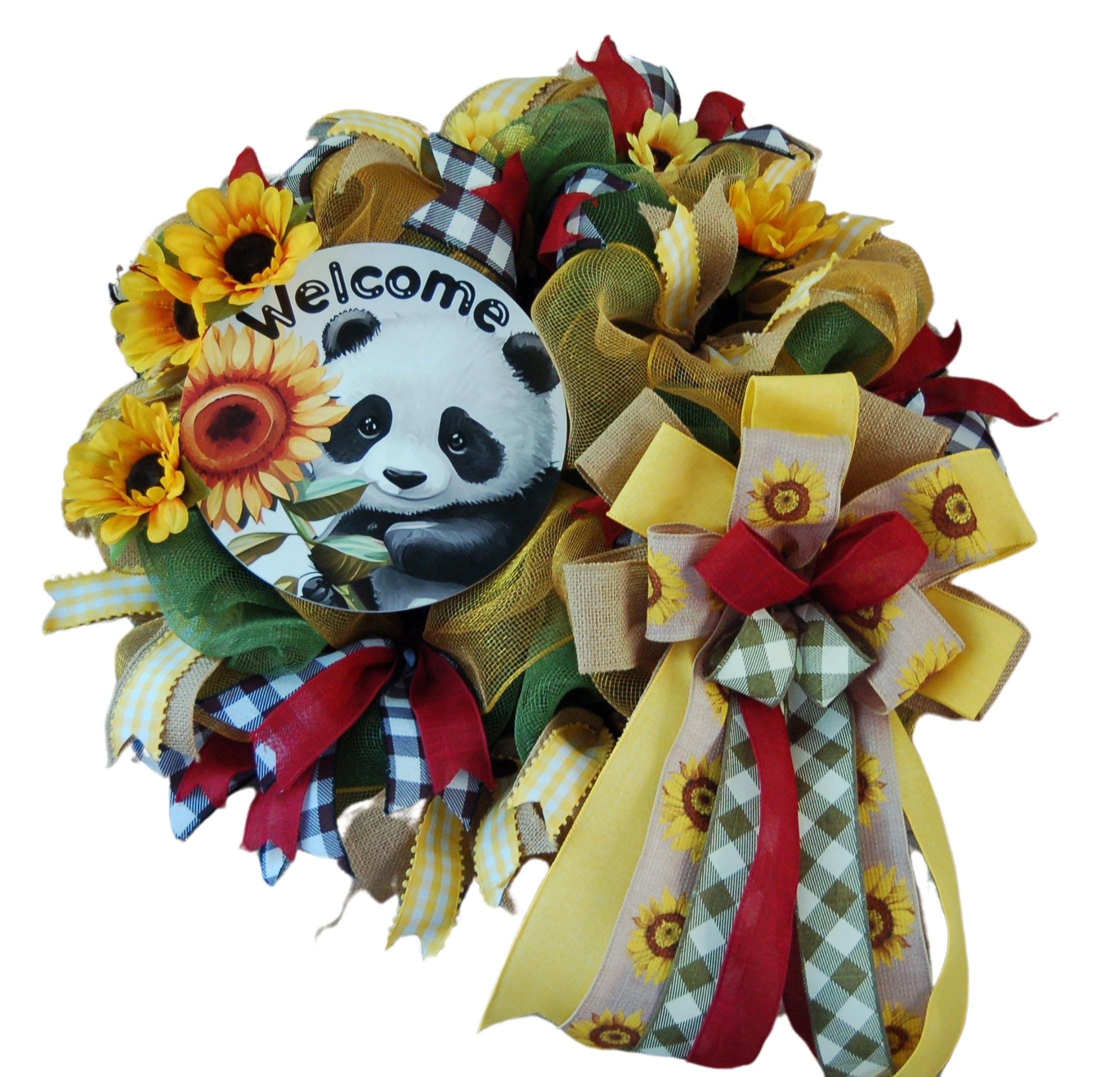 Panda Sunflower Wreath | Black, White & Yellow Door Decor by Bouge Creations, view 2