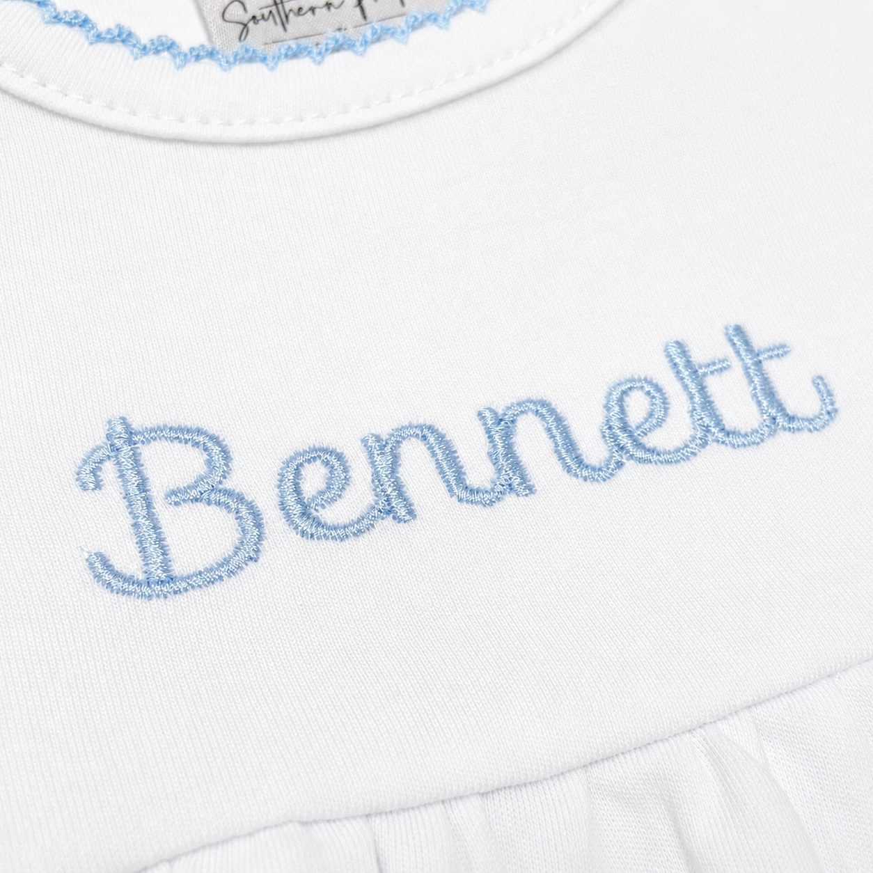 Personalized White Baby Gift Collection with Blue Picot Trim