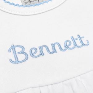 Personalized White Baby Gift Collection with Blue Picot Trim