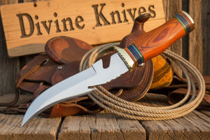 Colorful Spacer Ring Damascus Knife with Natural Tan Wood Handle detail view by Divine Knives