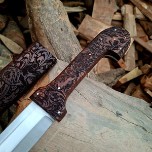 Bone Handle Damascus Knife with Handcrafted Tooled Sheath detail view by Divine Knives