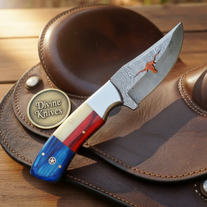 Longhorn Cutout Texas Flag Damascus Hunter & Skinner by Divine Knives