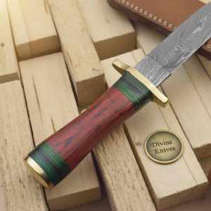 Minimalist Dark Wood Damascus Knife with a Single Green Ring Detail detail view by Divine Knives