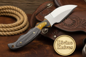 Yellow Accent Damascus Knife with Gray Wood Handle and Lanyard Hole by Divine Knives