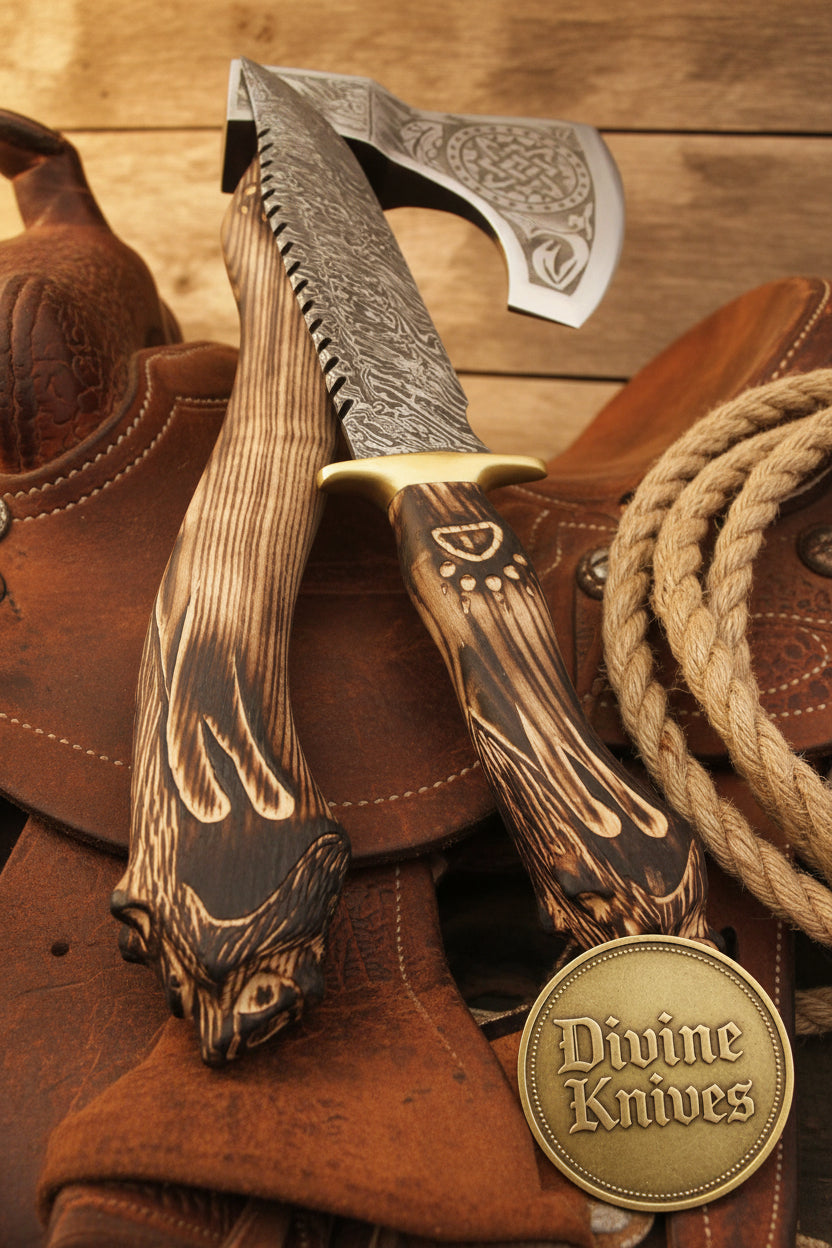 Wolf Head Damascus Bowie Knife with Matching Celtic Tomahawk Axe by Divine Knives