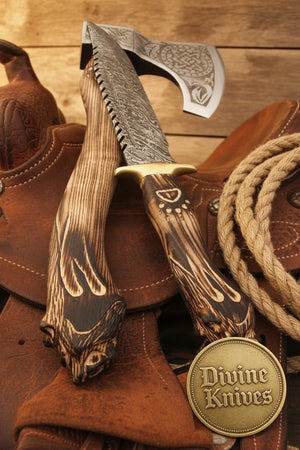 Wolf Head Damascus Bowie Knife with Matching Celtic Tomahawk Axe by Divine Knives