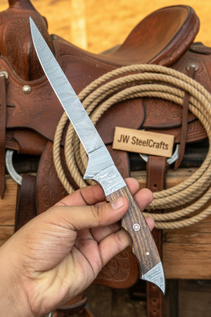 Handmade 13 Inch Overall Damascus Steel Fillet Knife – Full Tang Fishing Knife with Hardwood Handle and Leather Sheath.
