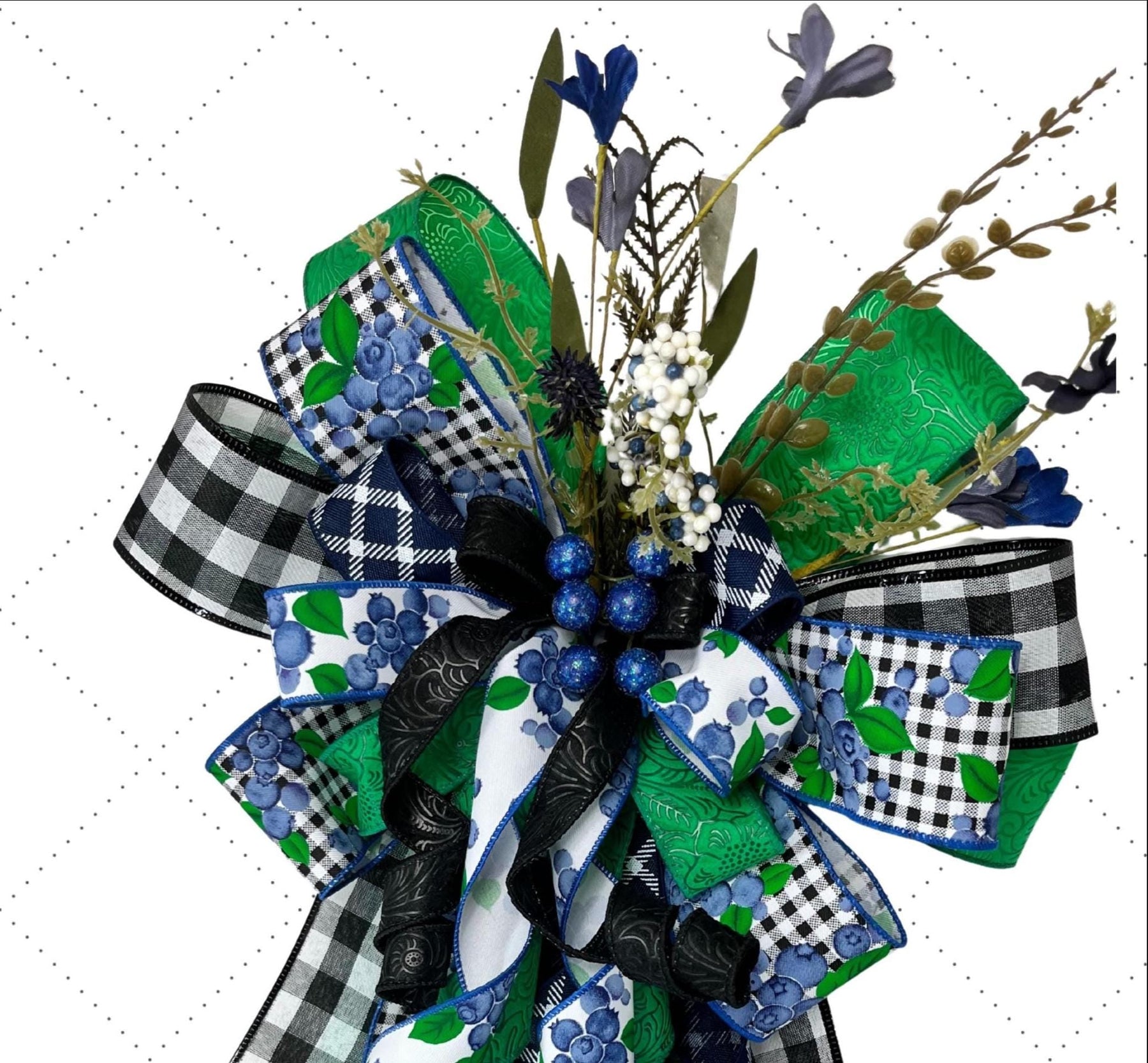 Blueberry Wreath Bow | Green Plaid & Gingham Decor by Bouge Creations, view 2