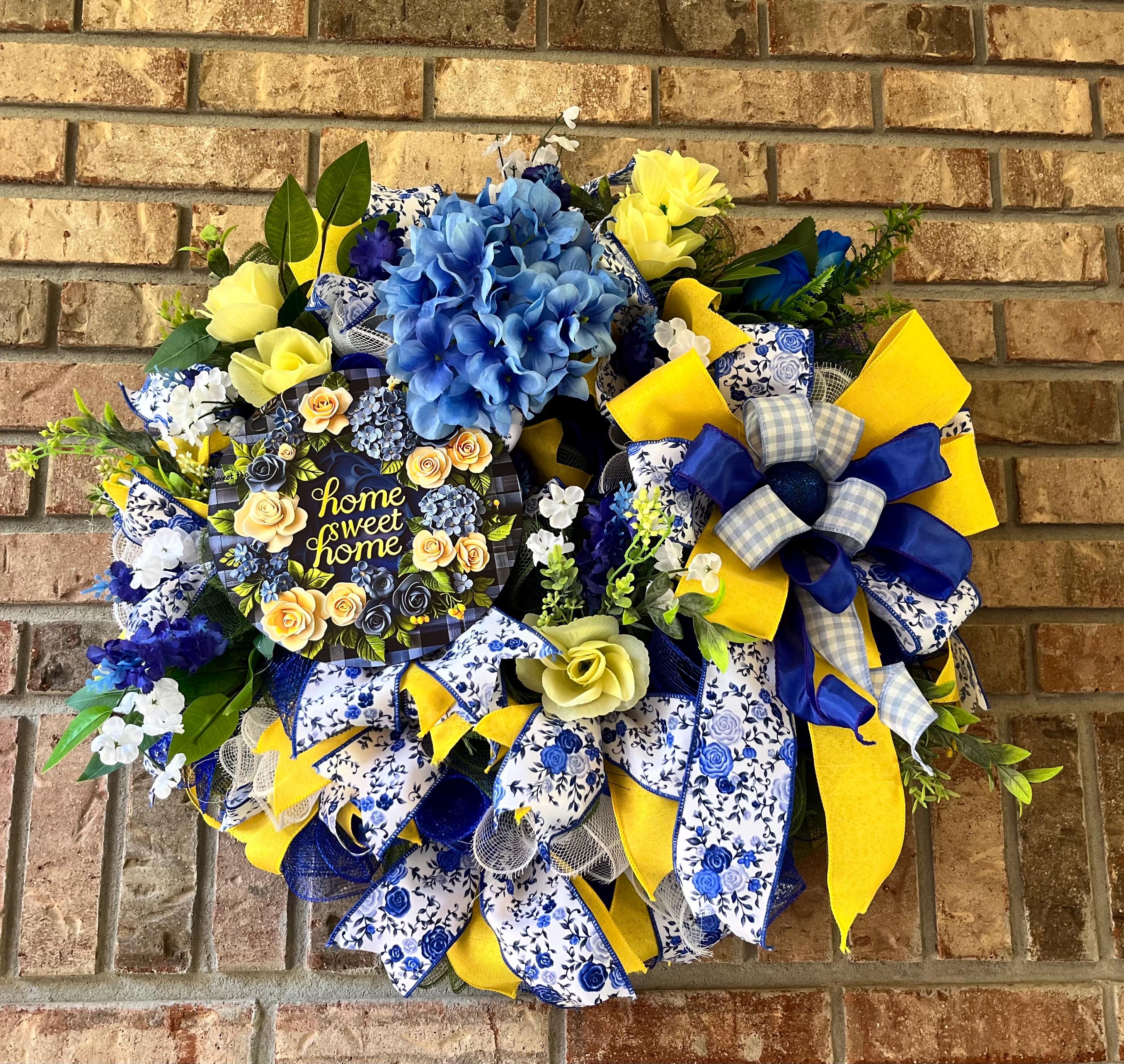 Blue & Yellow Welcome Wreath | Gingham Front Door Decor handmade by Bouge Creations