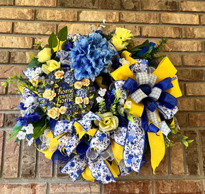 Blue & Yellow Welcome Wreath | Gingham Front Door Decor handmade by Bouge Creations