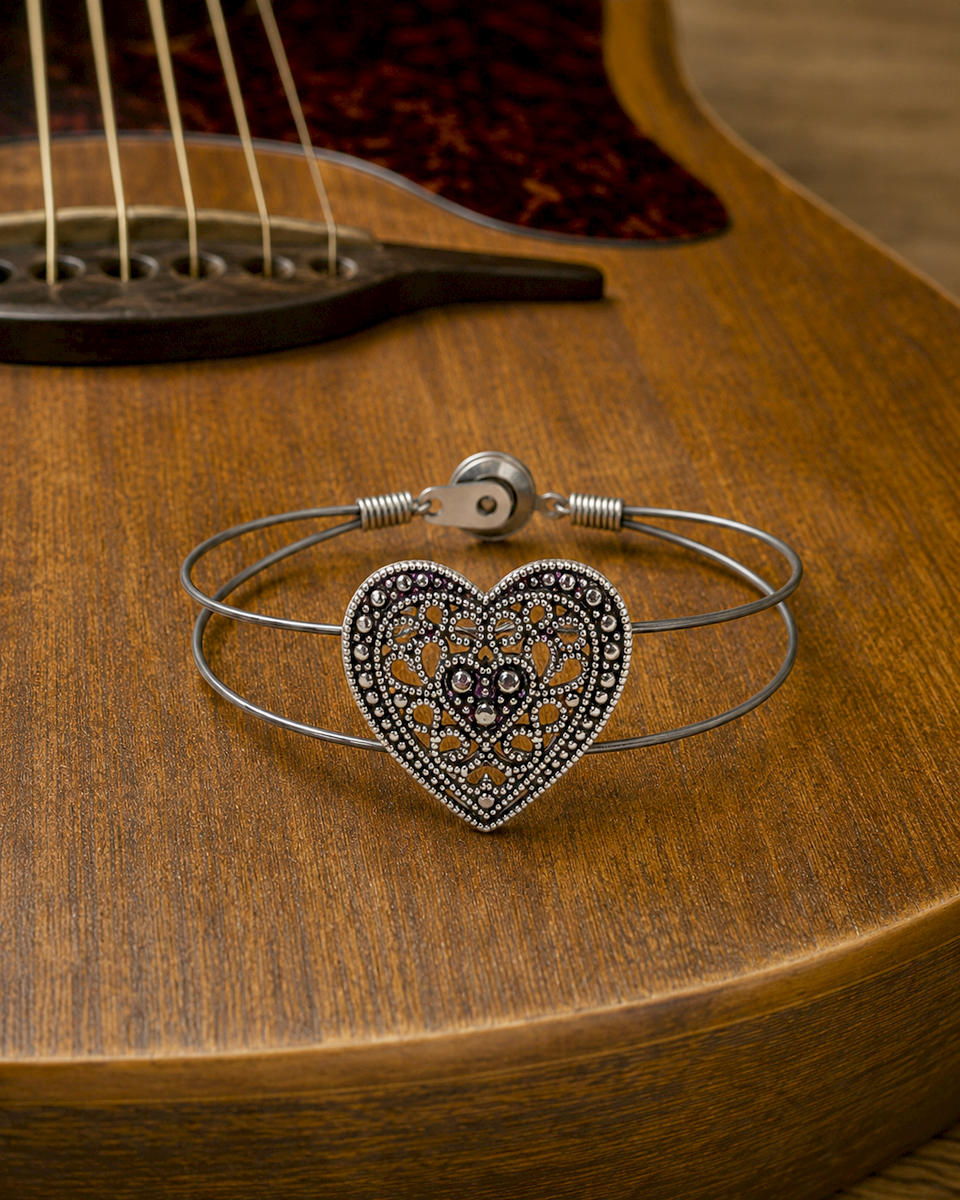Silver Filigree Heart Guitar String Bracelet by N Harmony Jewelry, handmade jewelry main product photo