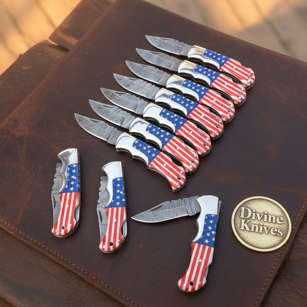 USA Flag Damascus Folder Lot with Matching Wood Grain Damascus Blades by Divine Knives