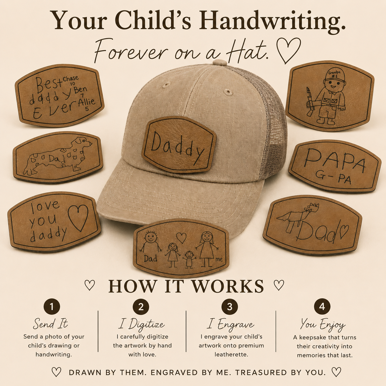 Kids Handwriting Hat Patch, Child Drawing Engraved Hat Gift by Poor Hog Customs, Southern lifestyle apparel detail photo 3