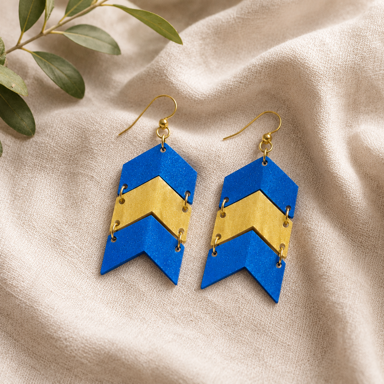 Blue Yellow Chevron Earrings, Down Syndrome Awareness Jewelry by Poor Hog Customs, handmade jewelry main product photo