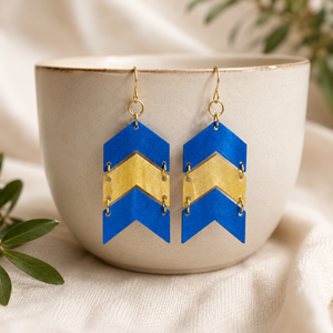 Blue Yellow Chevron Earrings, Down Syndrome Awareness Jewelry by Poor Hog Customs, handmade jewelry detail photo 3